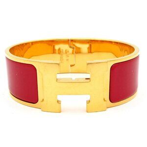 HERMES Clic Clac H Gold Red Hardware Patent Leather Bangle